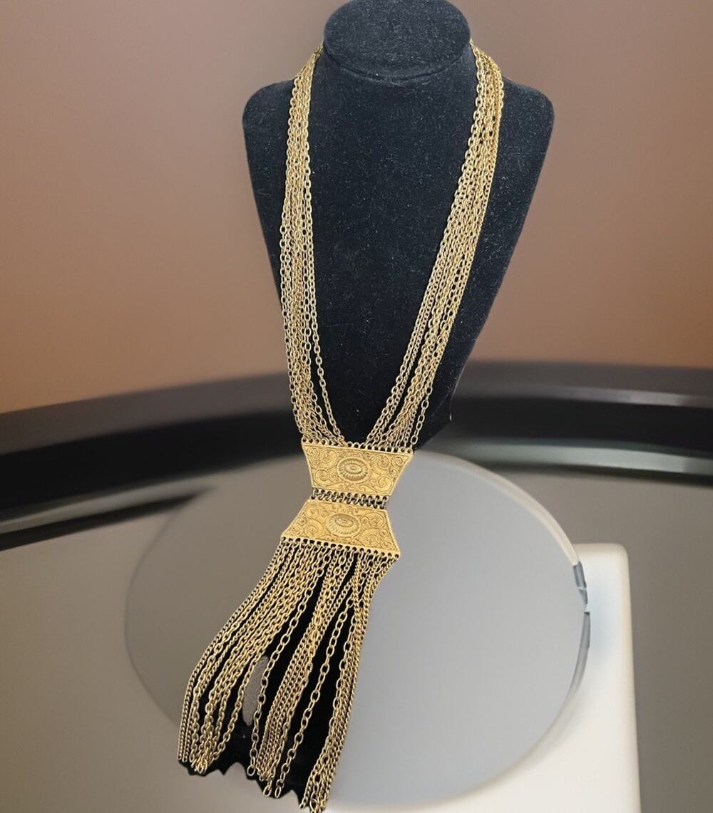 VTG 70s Large Goldette Multi-Chain Gold Tassel Fringe Necklace Etruscan Revival